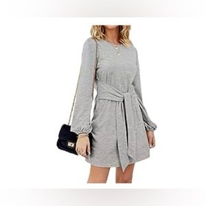 Long Lantern Sleeve Knit Short Dress Tie Waist Sweater Dress
